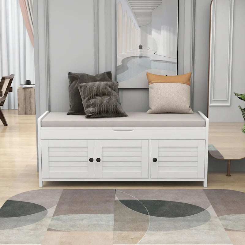 Banc de rangement ottoman rembourré avec armoire à 3 portes persiennes