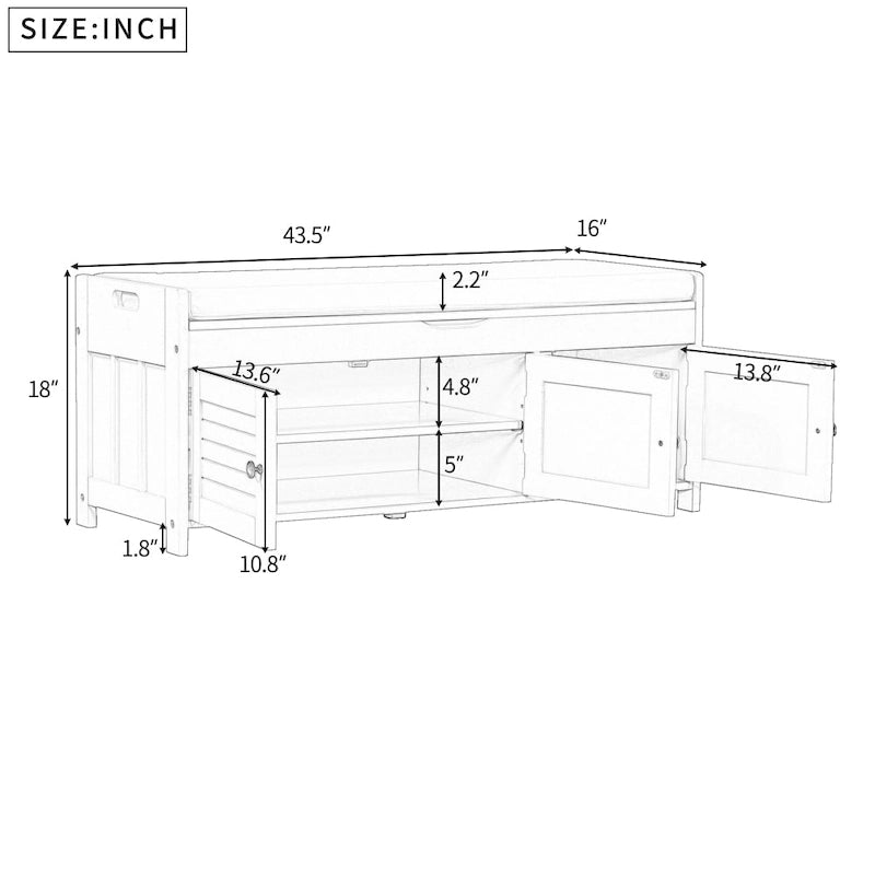 Banc de rangement ottoman rembourré avec armoire à 3 portes persiennes