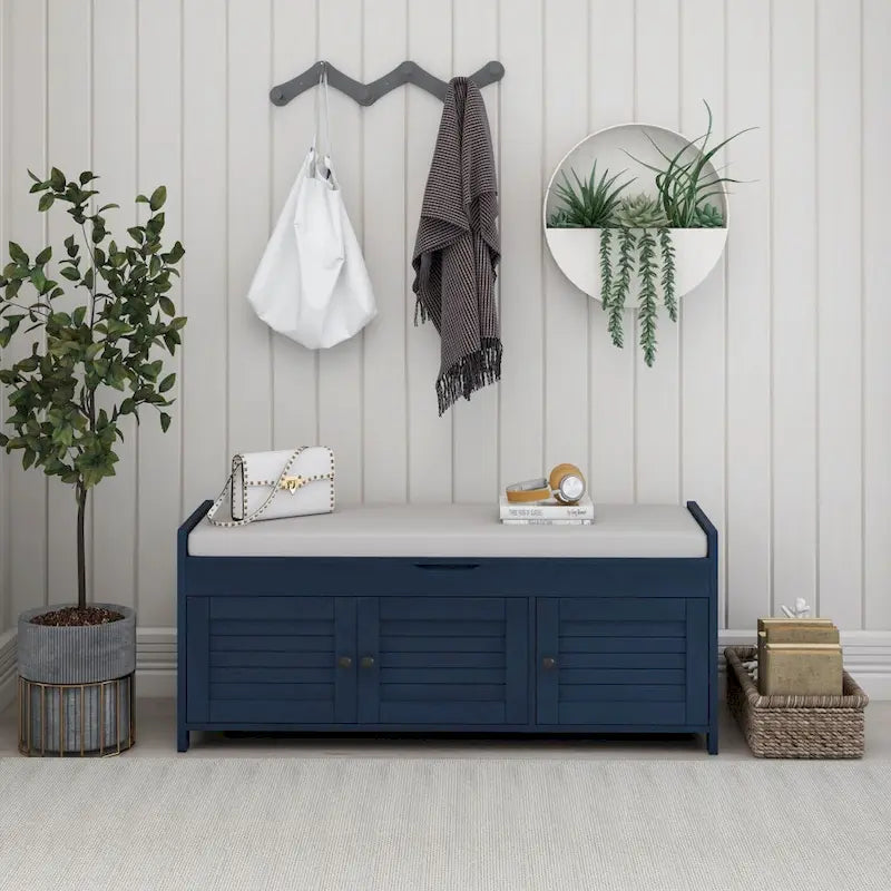 Banc de rangement ottoman rembourré avec armoire à 3 portes persiennes