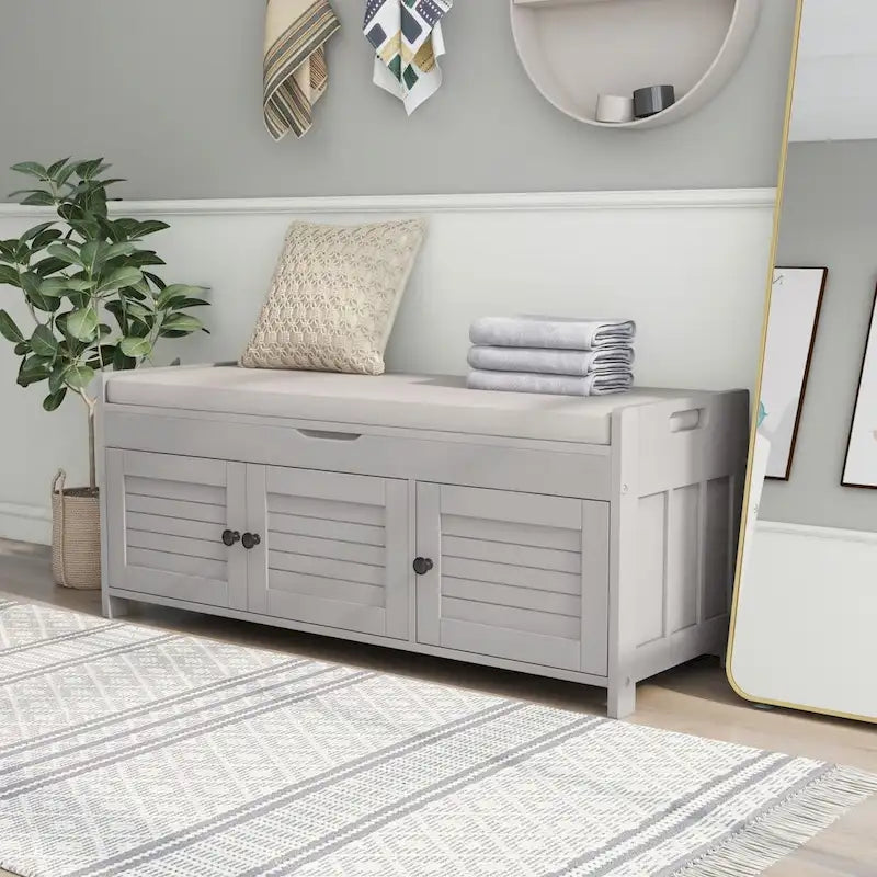 Banc de rangement ottoman rembourré avec armoire à 3 portes persiennes