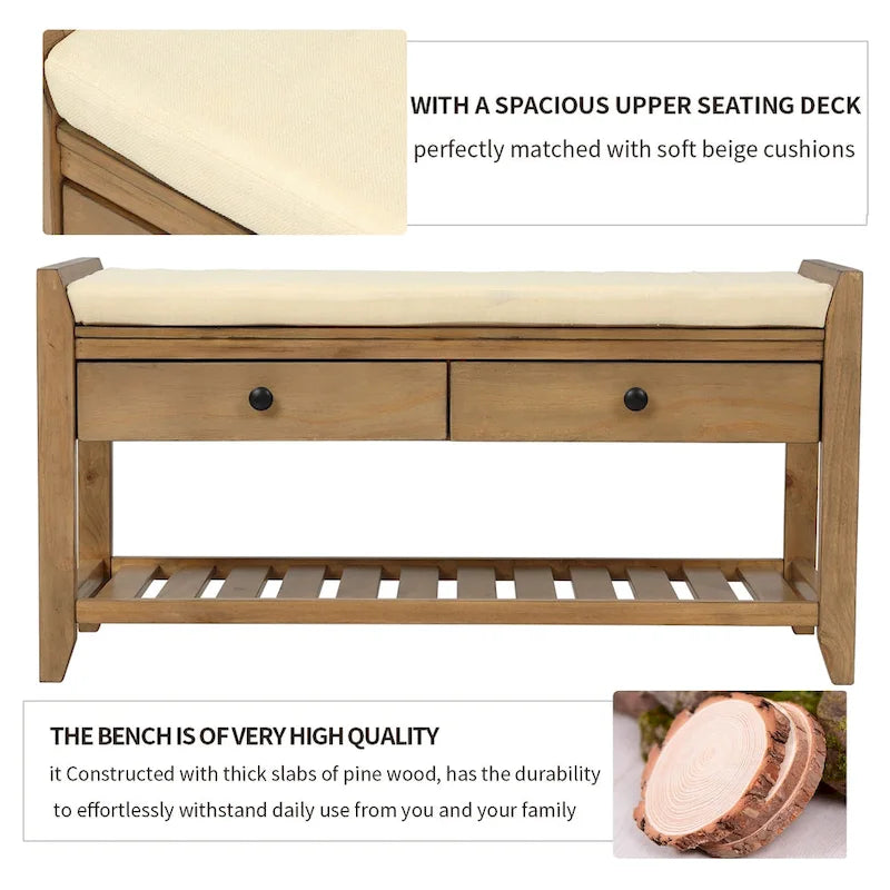 Meuble à chaussures avec assise capitonnée et tiroirs, banc de rangement multifonction pour entrée