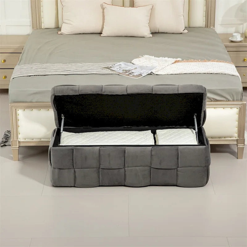 Pouffre de rangement, Banc de bout de lit de chambre à coucher, Pouffre de rangement rembourré en tissu