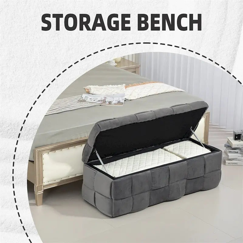 Pouffre de rangement, Banc de bout de lit de chambre à coucher, Pouffre de rangement rembourré en tissu