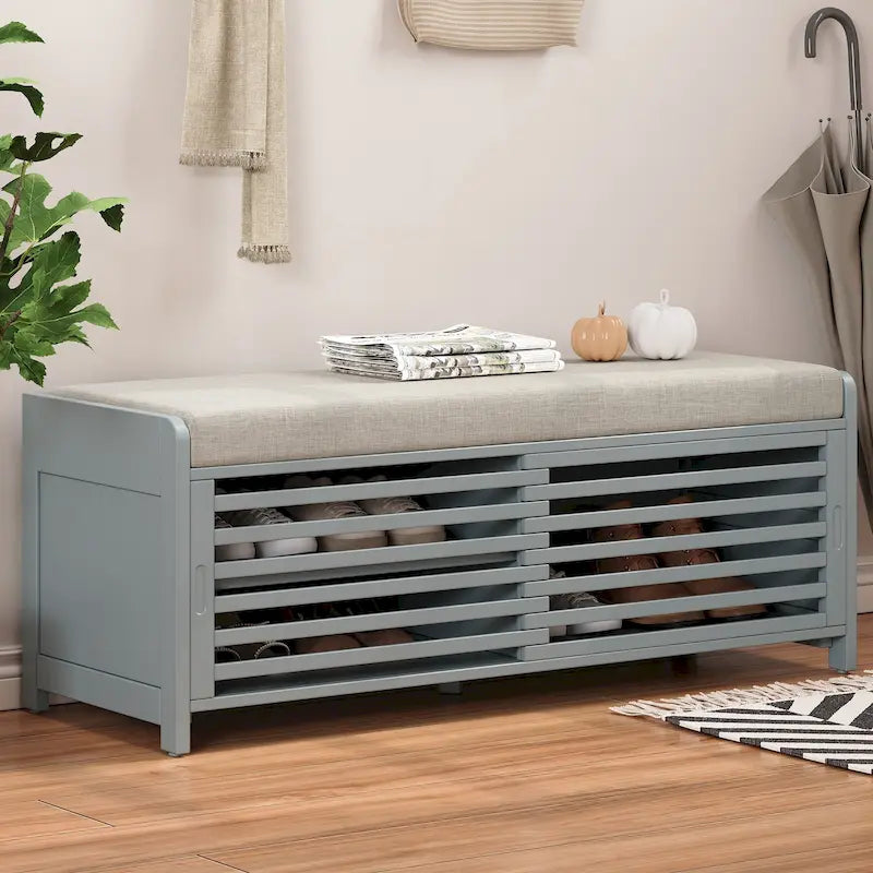 Banc de rangement avec persiennes en bois vieilli en placage d'acacia pour une touche rétro pour le salon, l'entrée