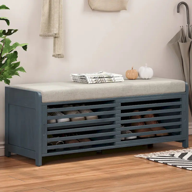 Banc de rangement avec persiennes en bois vieilli en placage d'acacia pour une touche rétro pour le salon, l'entrée