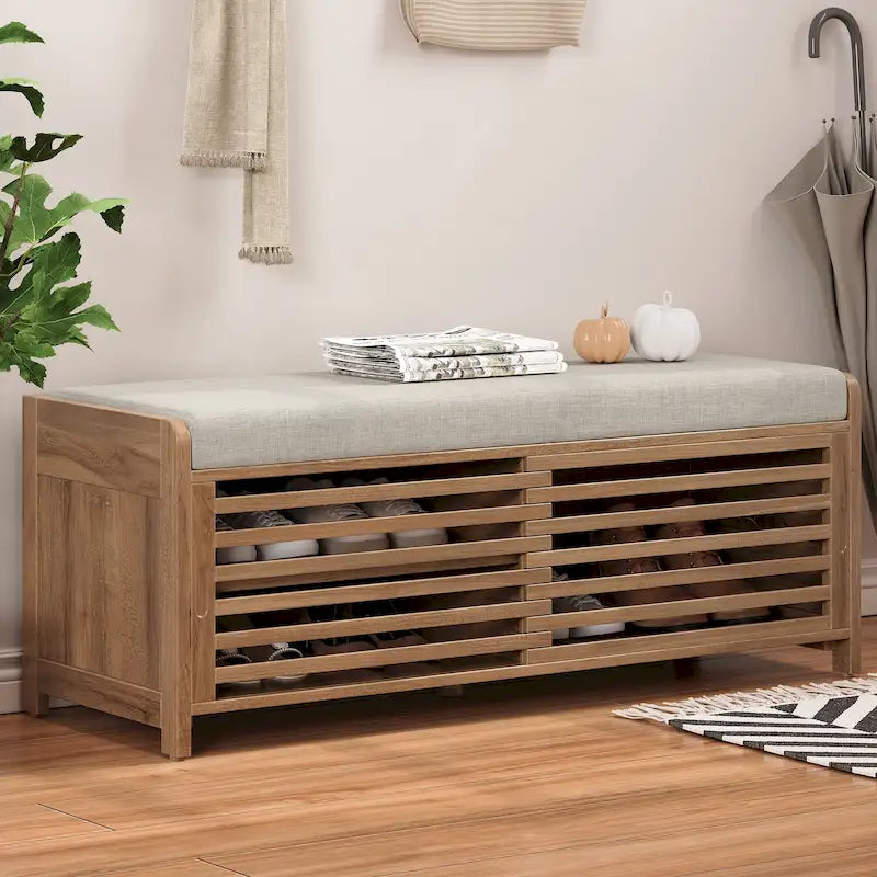 Banc de rangement avec persiennes en bois vieilli en placage d'acacia pour une touche rétro pour le salon, l'entrée