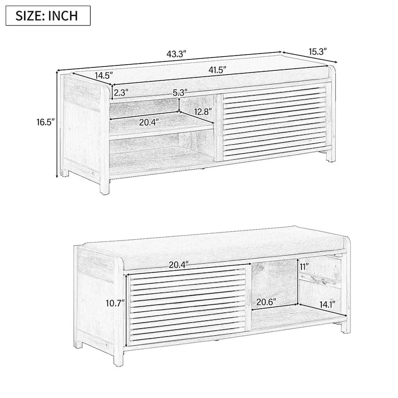 Banc de rangement avec persiennes en bois vieilli en placage d'acacia pour une touche rétro pour le salon, l'entrée