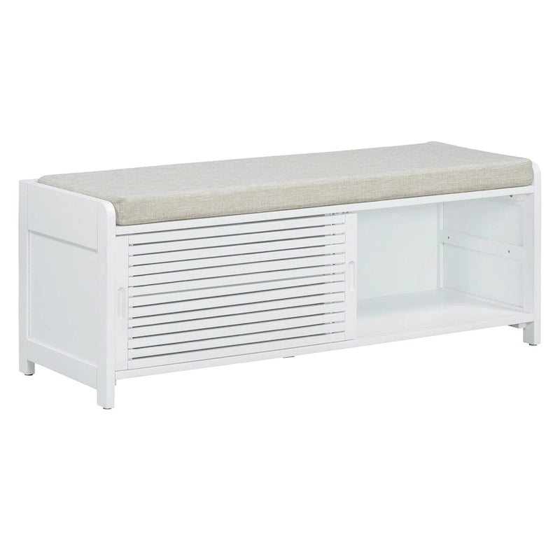 Banc de rangement avec persiennes en bois vieilli en placage d'acacia pour une touche rétro pour le salon, l'entrée