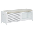 Banc de rangement avec persiennes en bois vieilli en placage d'acacia pour une touche rétro pour le salon, l'entrée
