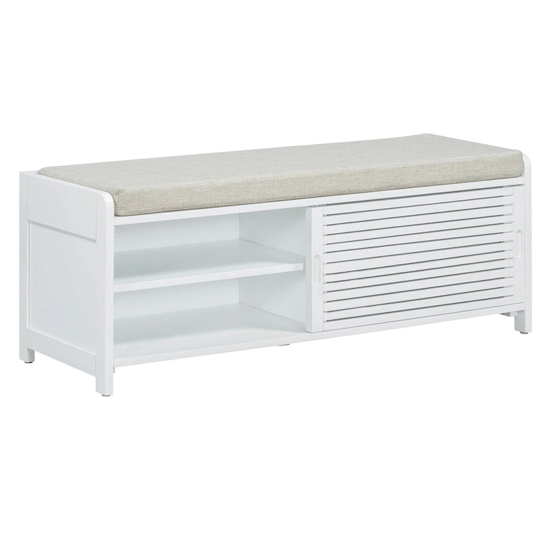 Banc de rangement avec persiennes en bois vieilli en placage d'acacia pour une touche rétro pour le salon, l'entrée