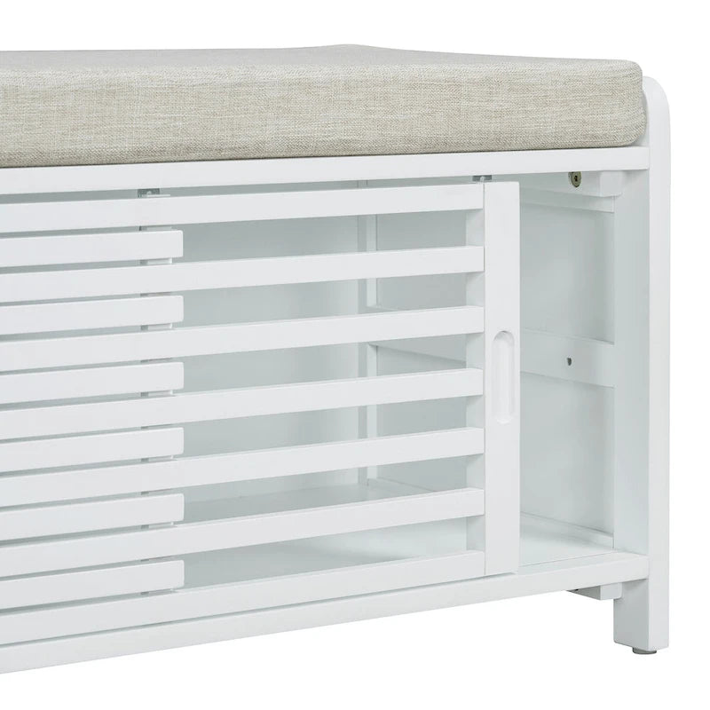 Banc de rangement avec persiennes en bois vieilli en placage d'acacia pour une touche rétro pour le salon, l'entrée