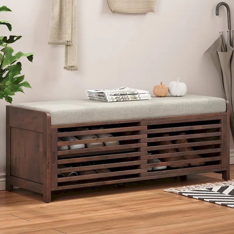 Banc de rangement avec persiennes en bois vieilli en placage d'acacia pour une touche rétro pour le salon, l'entrée
