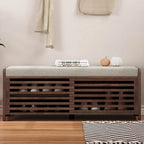 Banc de rangement avec persiennes en bois vieilli en placage d'acacia pour une touche rétro pour le salon, l'entrée