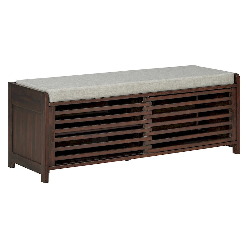 Banc de rangement avec persiennes en bois vieilli en placage d'acacia pour une touche rétro pour le salon, l'entrée
