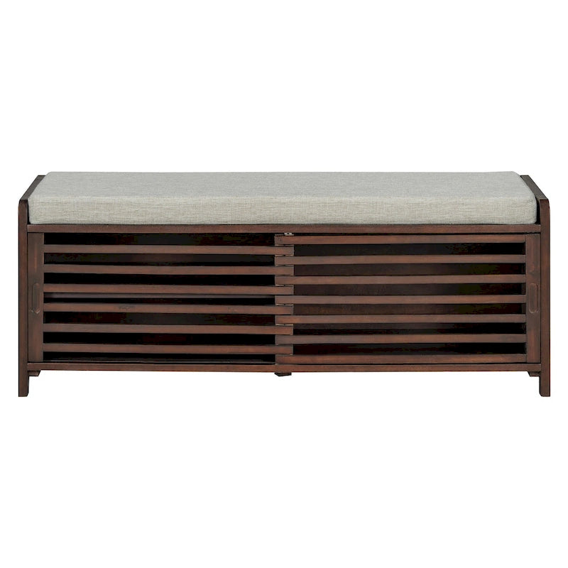 Banc de rangement avec persiennes en bois vieilli en placage d'acacia pour une touche rétro pour le salon, l'entrée