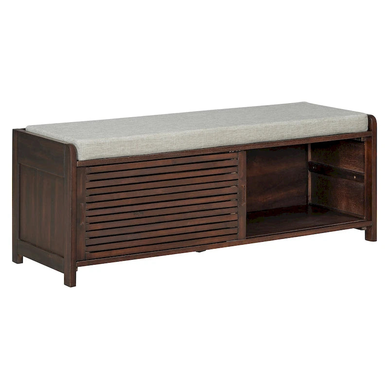 Banc de rangement avec persiennes en bois vieilli en placage d'acacia pour une touche rétro pour le salon, l'entrée