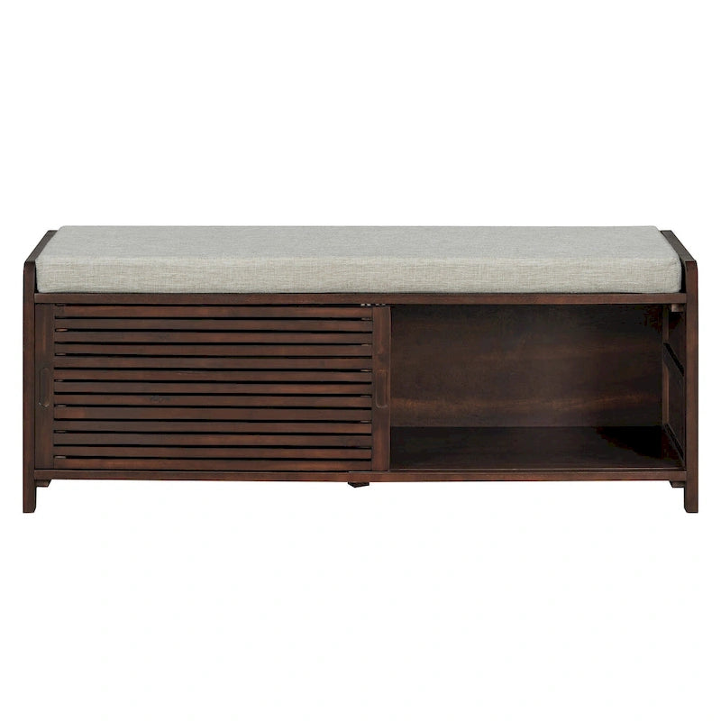 Banc de rangement avec persiennes en bois vieilli en placage d'acacia pour une touche rétro pour le salon, l'entrée