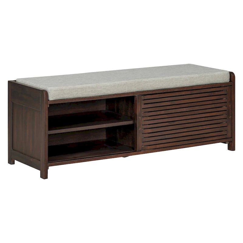 Banc de rangement avec persiennes en bois vieilli en placage d'acacia pour une touche rétro pour le salon, l'entrée