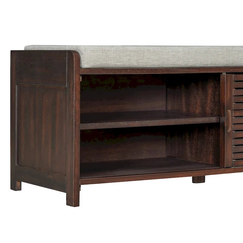 Banc de rangement avec persiennes en bois vieilli en placage d'acacia pour une touche rétro pour le salon, l'entrée