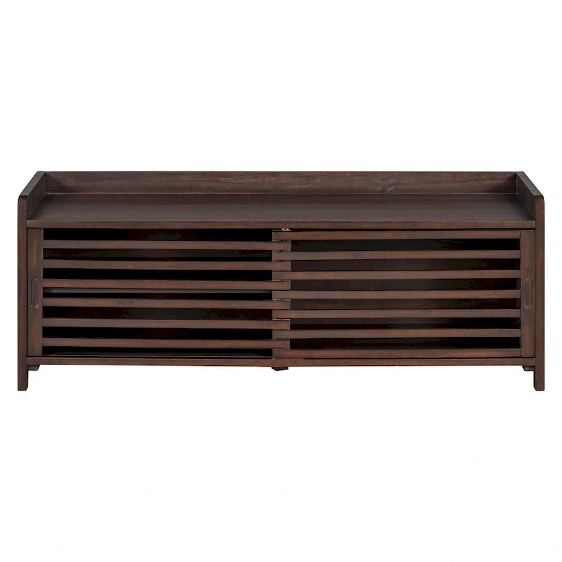 Banc de rangement avec persiennes en bois vieilli en placage d'acacia pour une touche rétro pour le salon, l'entrée
