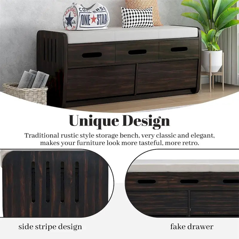 Banc de rangement rustique avec 2 tiroirs, espace de rangement dissimulé, banc à chaussures