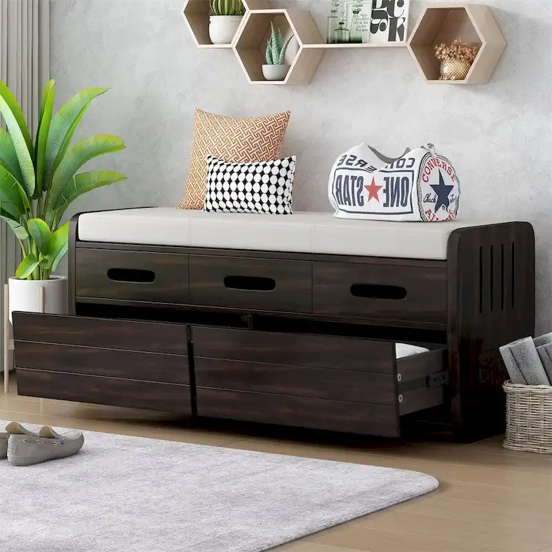 Banc de rangement rustique avec 2 tiroirs, espace de rangement dissimulé, banc à chaussures