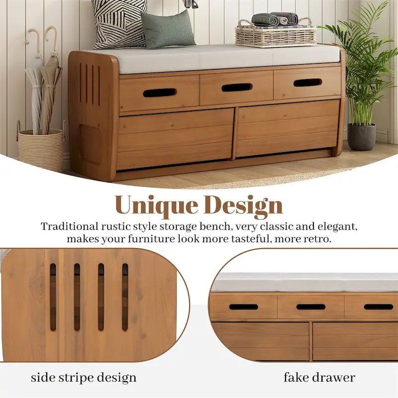 Banc de rangement rustique avec 2 tiroirs, espace de rangement dissimulé, banc à chaussures