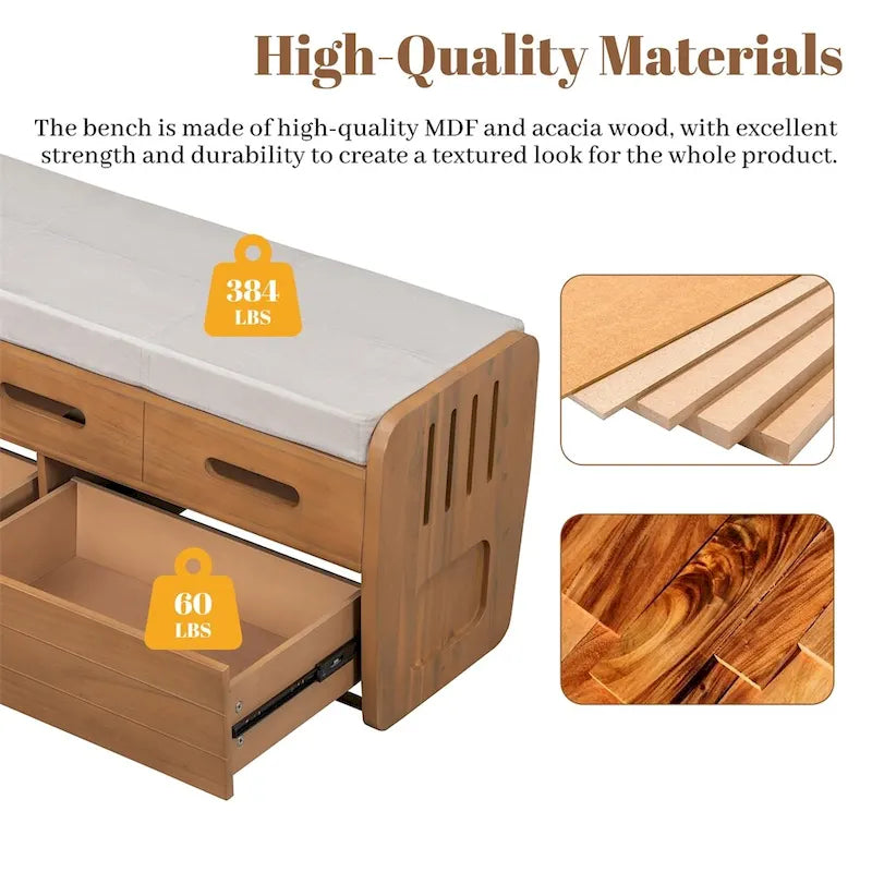 Banc de rangement rustique avec 2 tiroirs, espace de rangement dissimulé, banc à chaussures