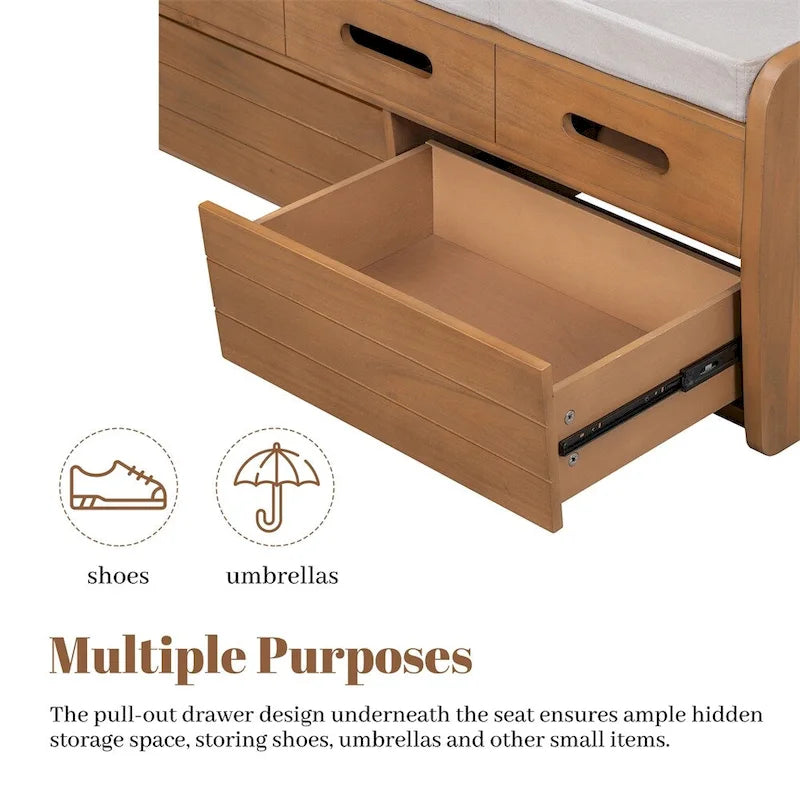 Banc de rangement rustique avec 2 tiroirs, espace de rangement dissimulé, banc à chaussures