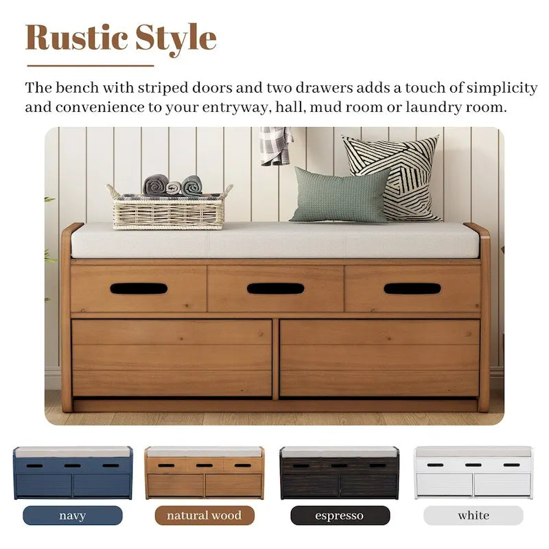 Banc de rangement rustique avec 2 tiroirs, espace de rangement dissimulé, banc à chaussures