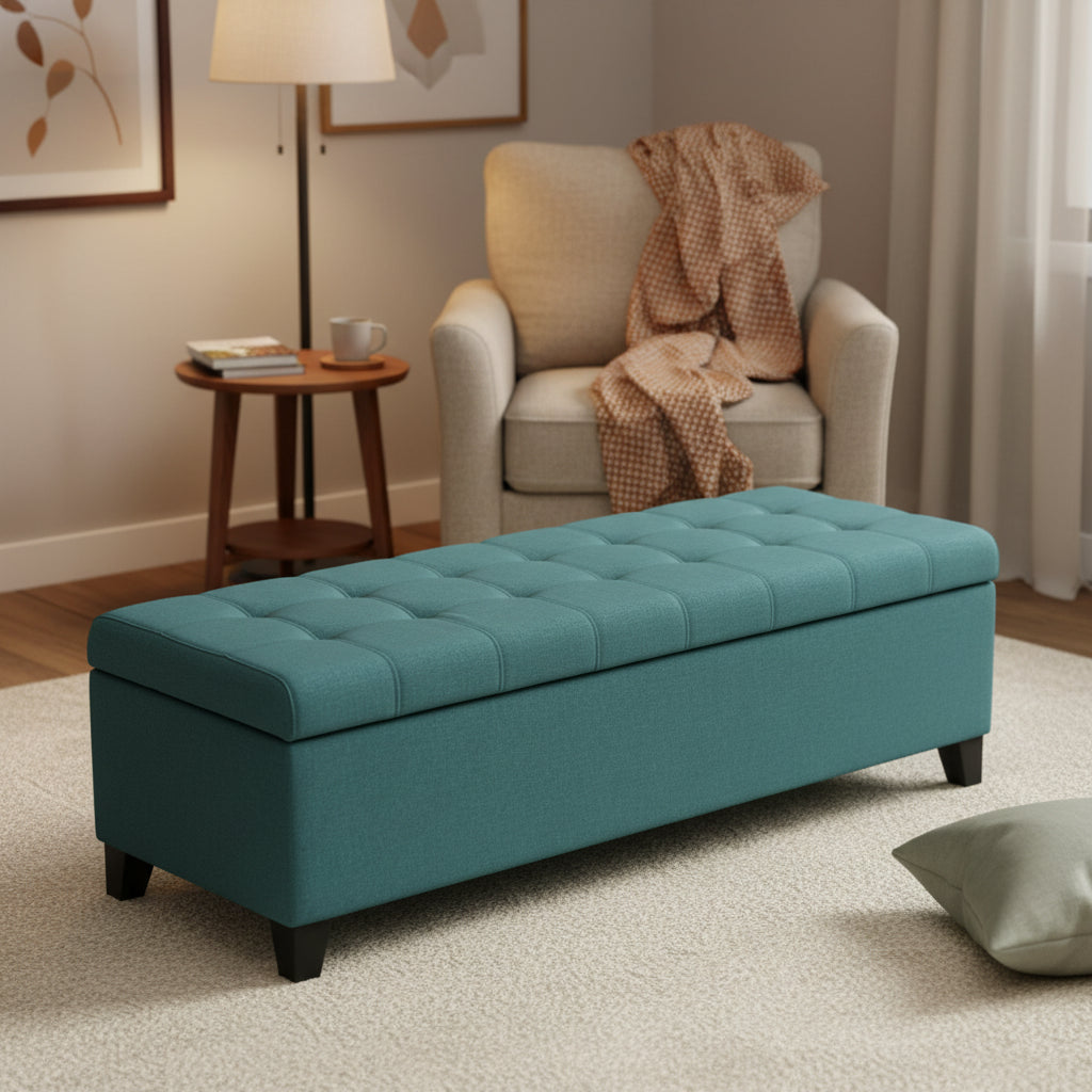 Nira Storage Ottoman Bench, Button Tufted Teal Blue Fabric, 51 Inch