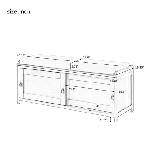 Banc de rangement en bois avec armoires, 49 cm H x 119 cm L x 39 cm P