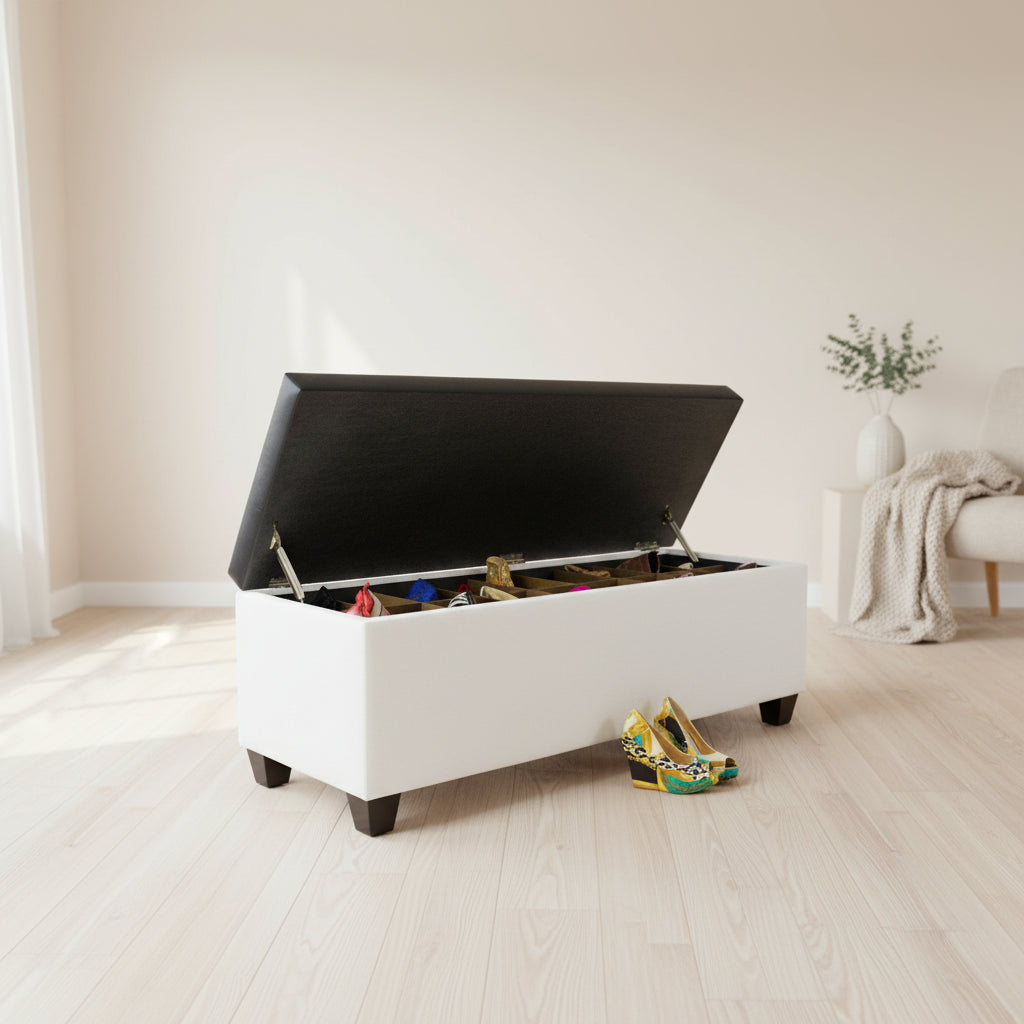 Mid Century Modern White Vinyl Shoe Storage Bench