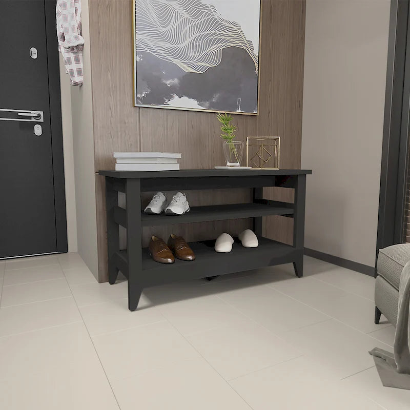 Banc de rangement chêne clair/noir avec 2 étagères ouvertes, 4 pieds