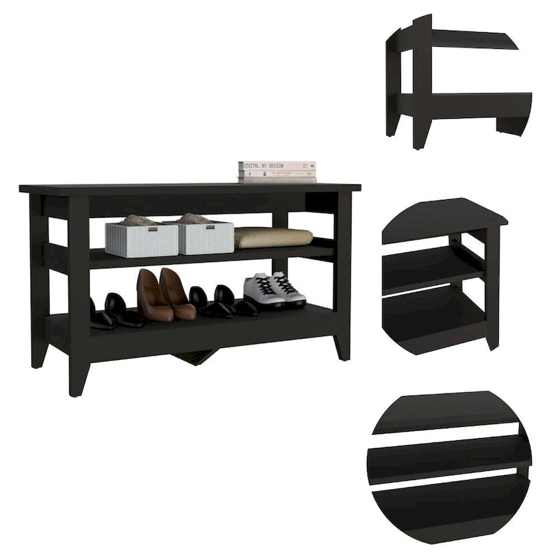 Banc de rangement chêne clair/noir avec 2 étagères ouvertes, 4 pieds