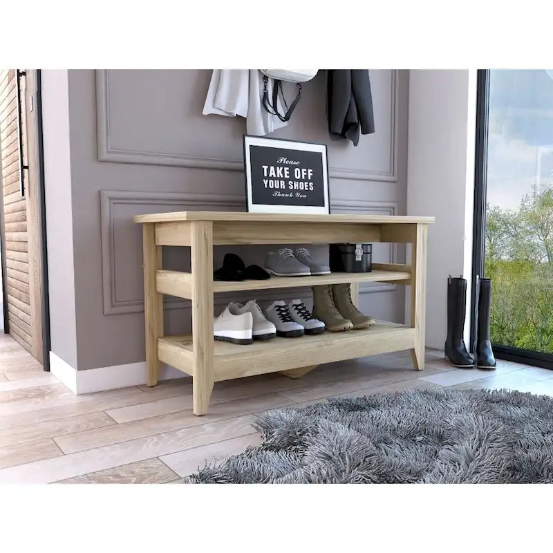 Banc de rangement chêne clair/noir avec 2 étagères ouvertes, 4 pieds