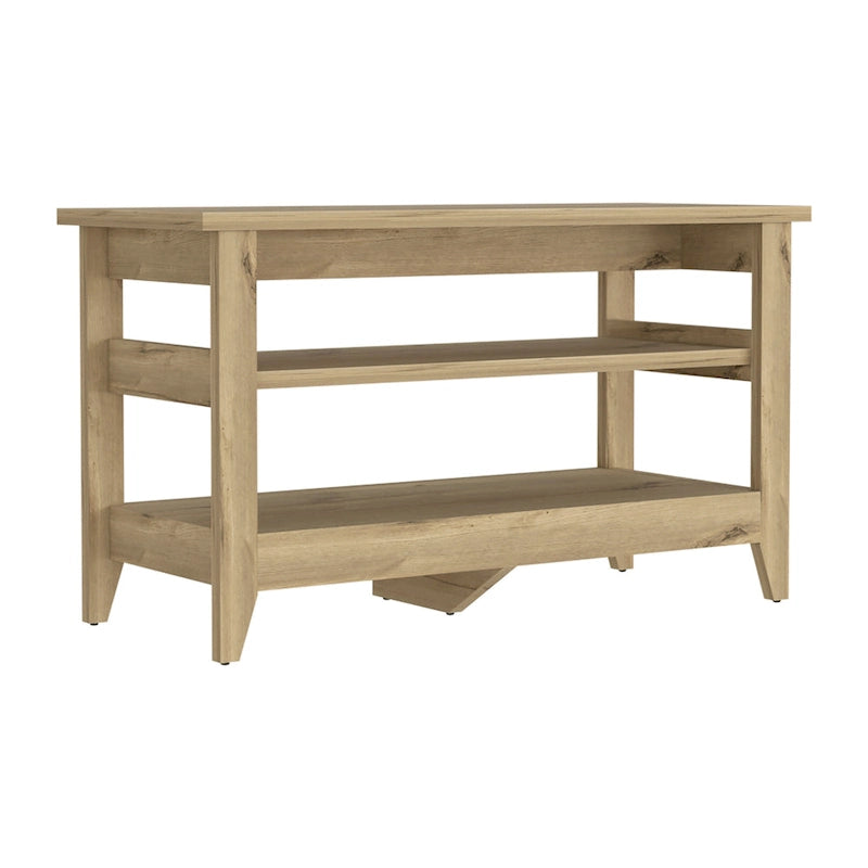 Banc de rangement chêne clair/noir avec 2 étagères ouvertes, 4 pieds