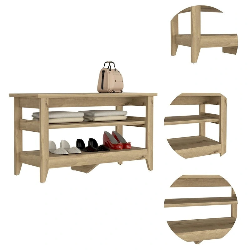 Banc de rangement chêne clair/noir avec 2 étagères ouvertes, 4 pieds