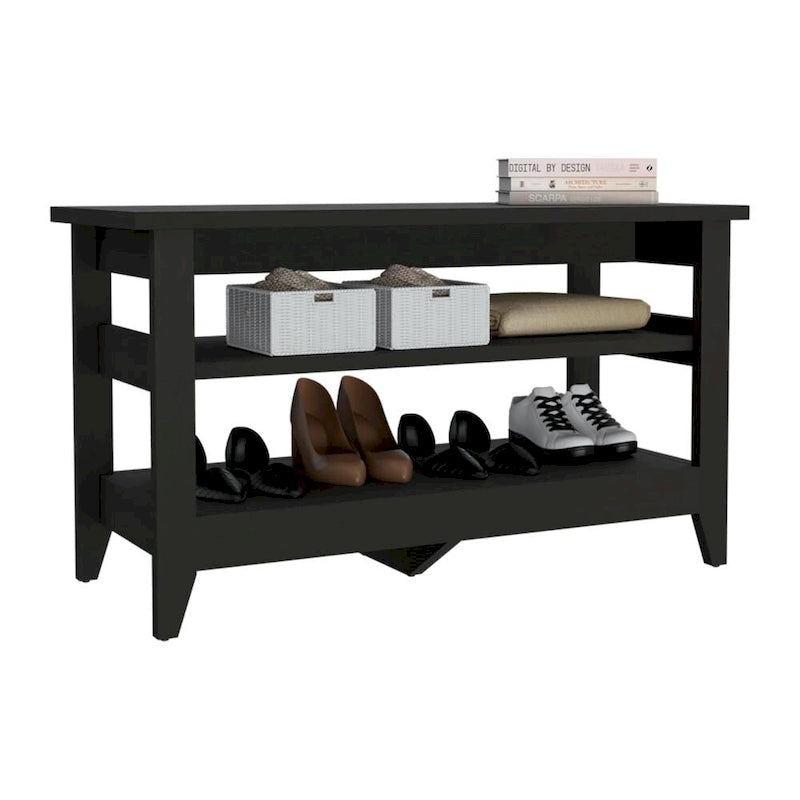Banc de rangement chêne clair/noir avec 2 étagères ouvertes, 4 pieds
