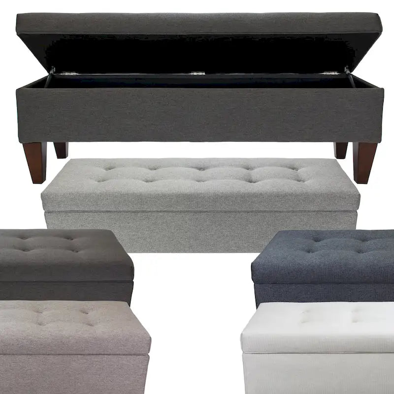 Banc de rangement long en bois, capitonné