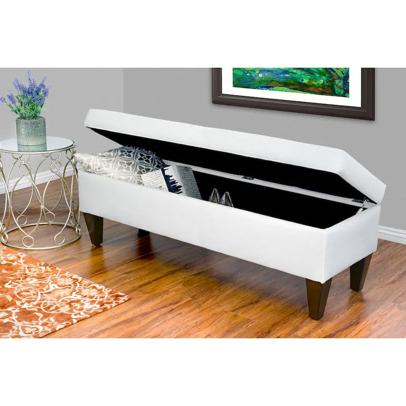 Banc de rangement long en bois, capitonné