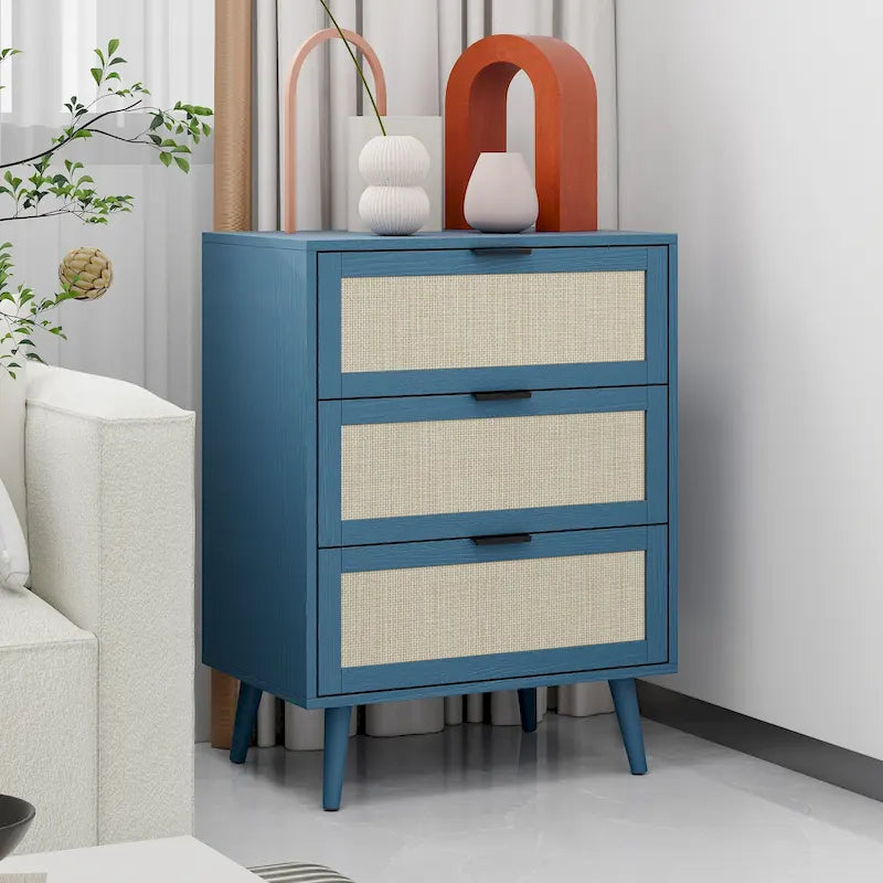Table d'appoint en rotin à 3 tiroirs Noyer / Noir / Bleu / Naturel / Vert foncé – Utilisation par 1 personne