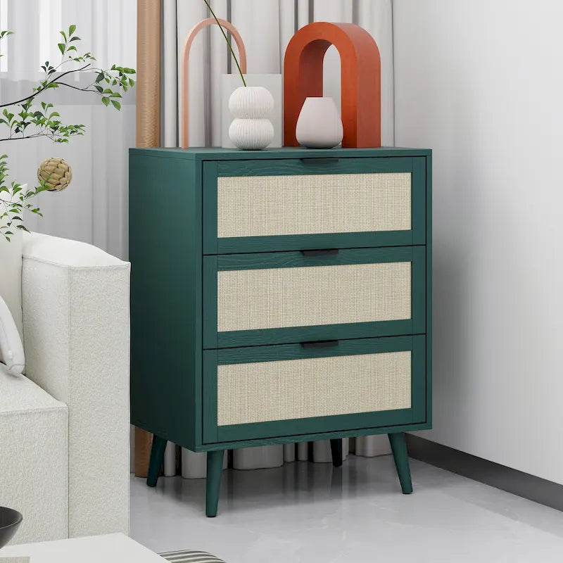 Table d'appoint en rotin à 3 tiroirs Noyer / Noir / Bleu / Naturel / Vert foncé – Utilisation par 1 personne
