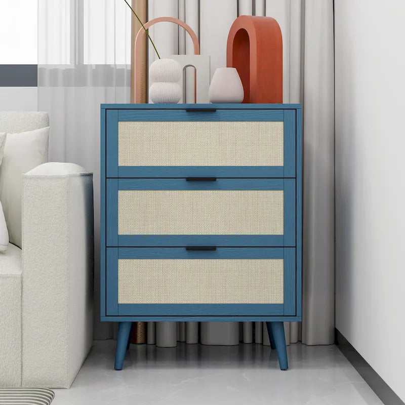 Table d'appoint en rotin à 3 tiroirs Noyer / Noir / Bleu / Naturel / Vert foncé – Utilisation par 1 personne