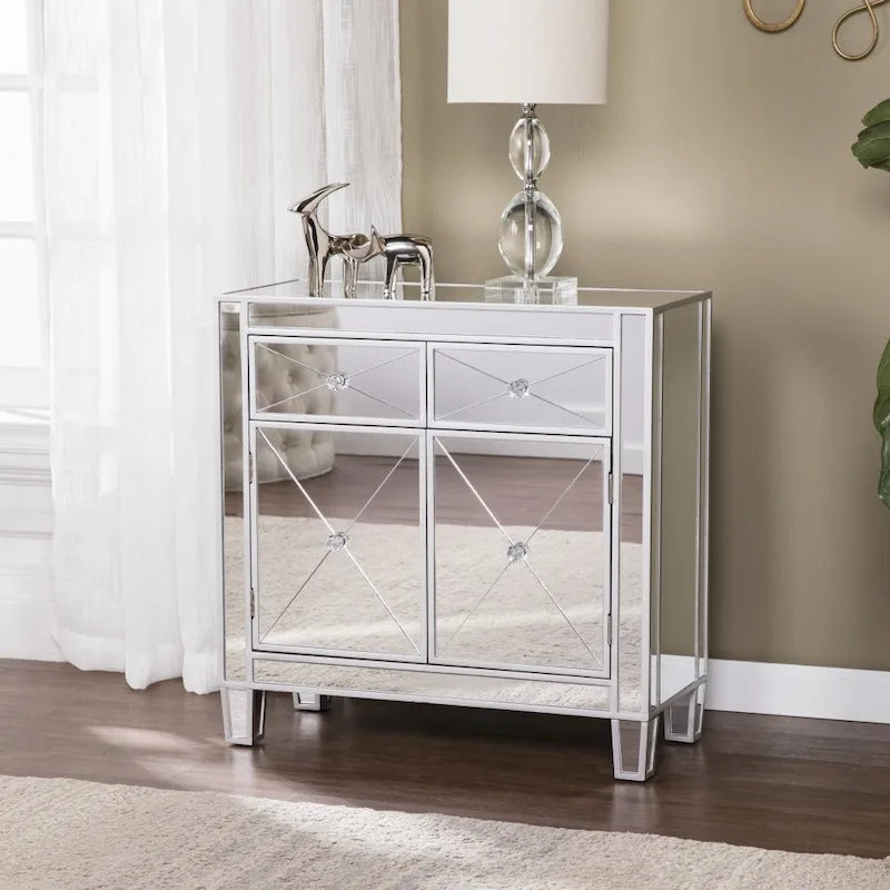 Armoire d'appoint de rangement à deux portes miroir scintillante et glamour