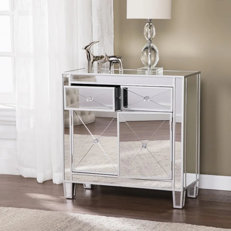 Armoire d'appoint de rangement à deux portes miroir scintillante et glamour