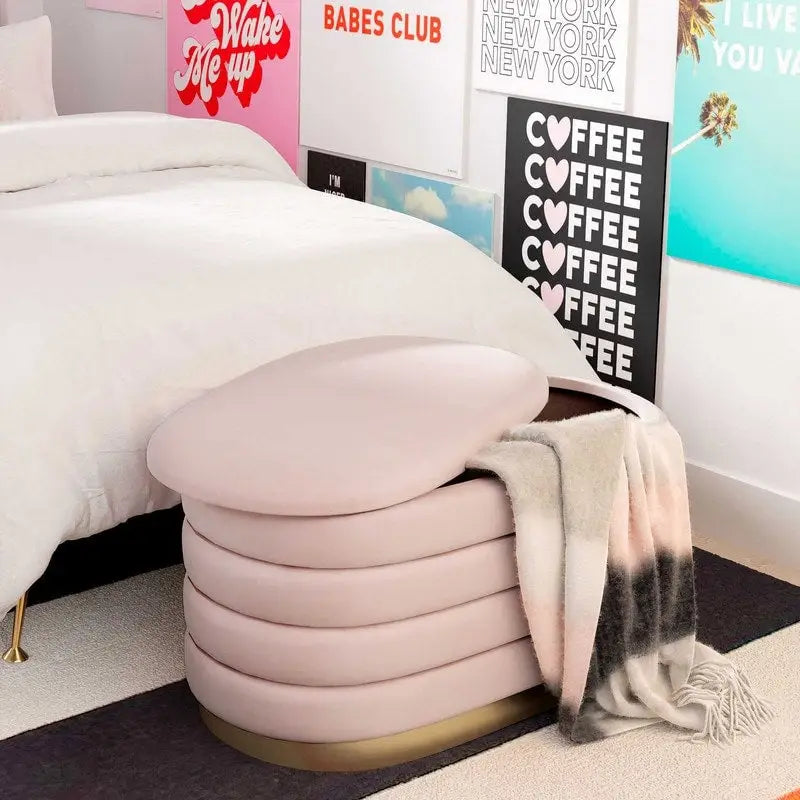 Banc de rangement en velours noir / crème / rose poudré – capitonné, base dorée, 1 place