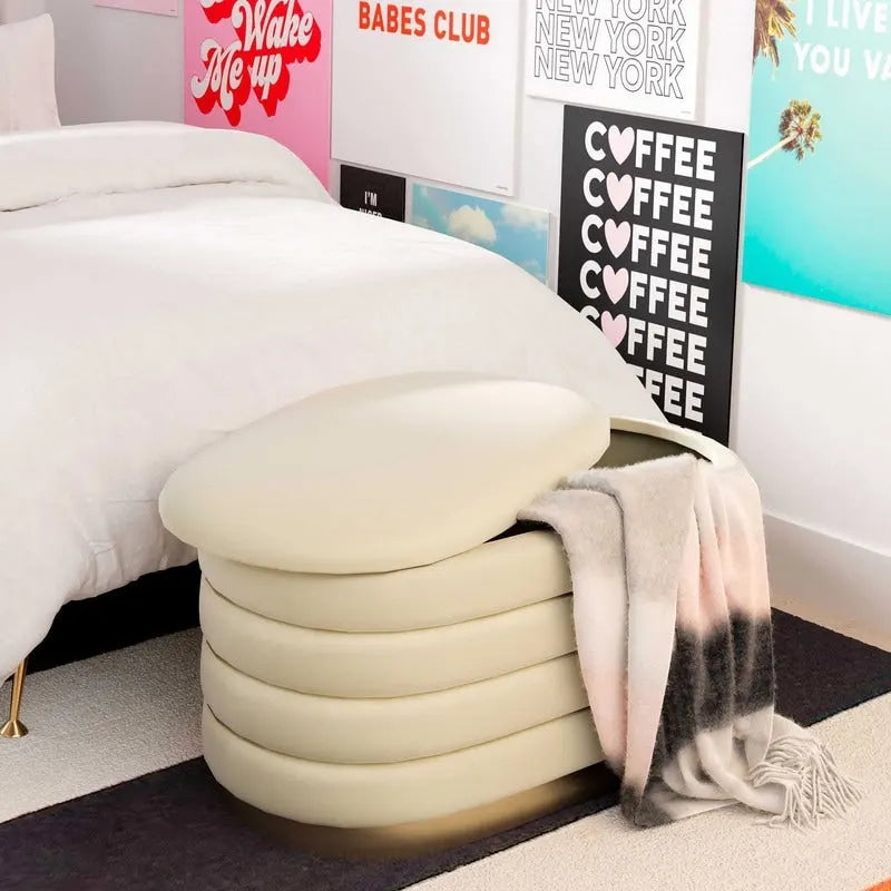 Banc de rangement en velours noir / crème / rose poudré – capitonné, base dorée, 1 place