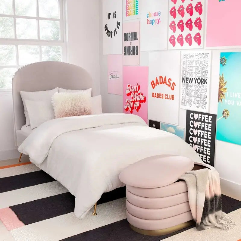 Banc de rangement en velours noir / crème / rose poudré – capitonné, base dorée, 1 place