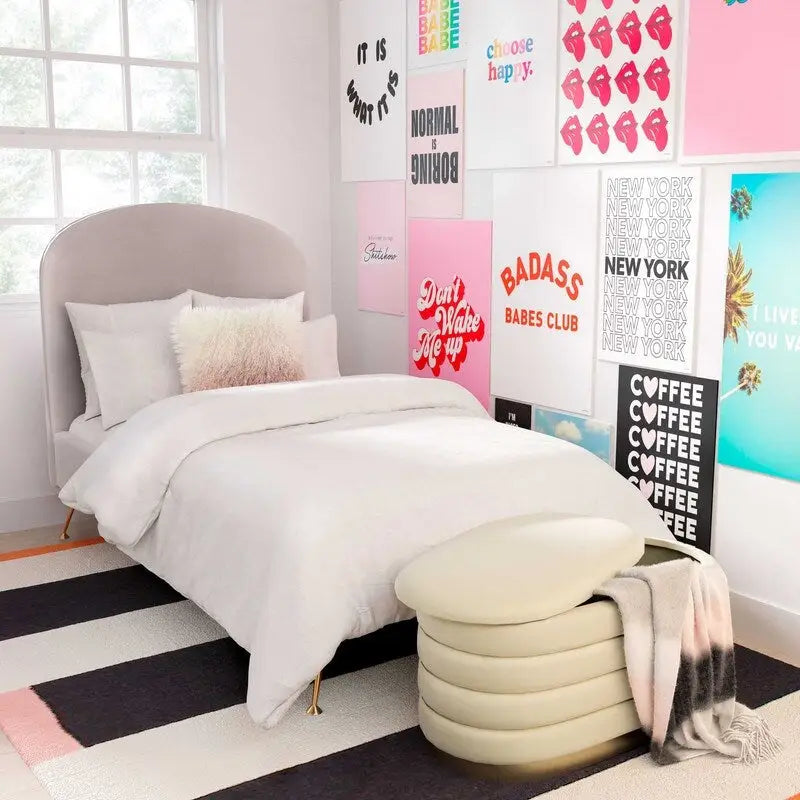 Banc de rangement en velours noir / crème / rose poudré – capitonné, base dorée, 1 place